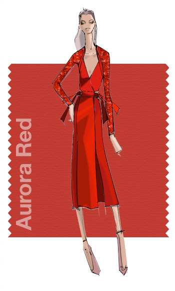 Swatch by Bibhu Mohapatra showcasing Pantone's Aurora Red