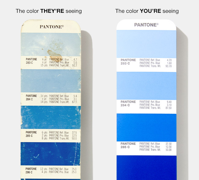 A comparison of an out-of-date Pantone Formula Guide and a current Pantone Formula Guide